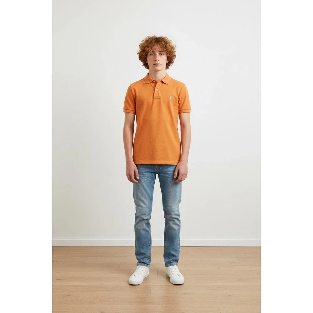 Polo Ralph Lauren Mens Custom Slim Fit Mesh Polo Shirt Orange Turquoise Medium